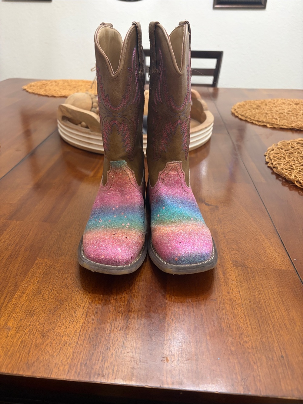 Roper Kids Rainbow Glitter Western Boots - Pink Blue Brown